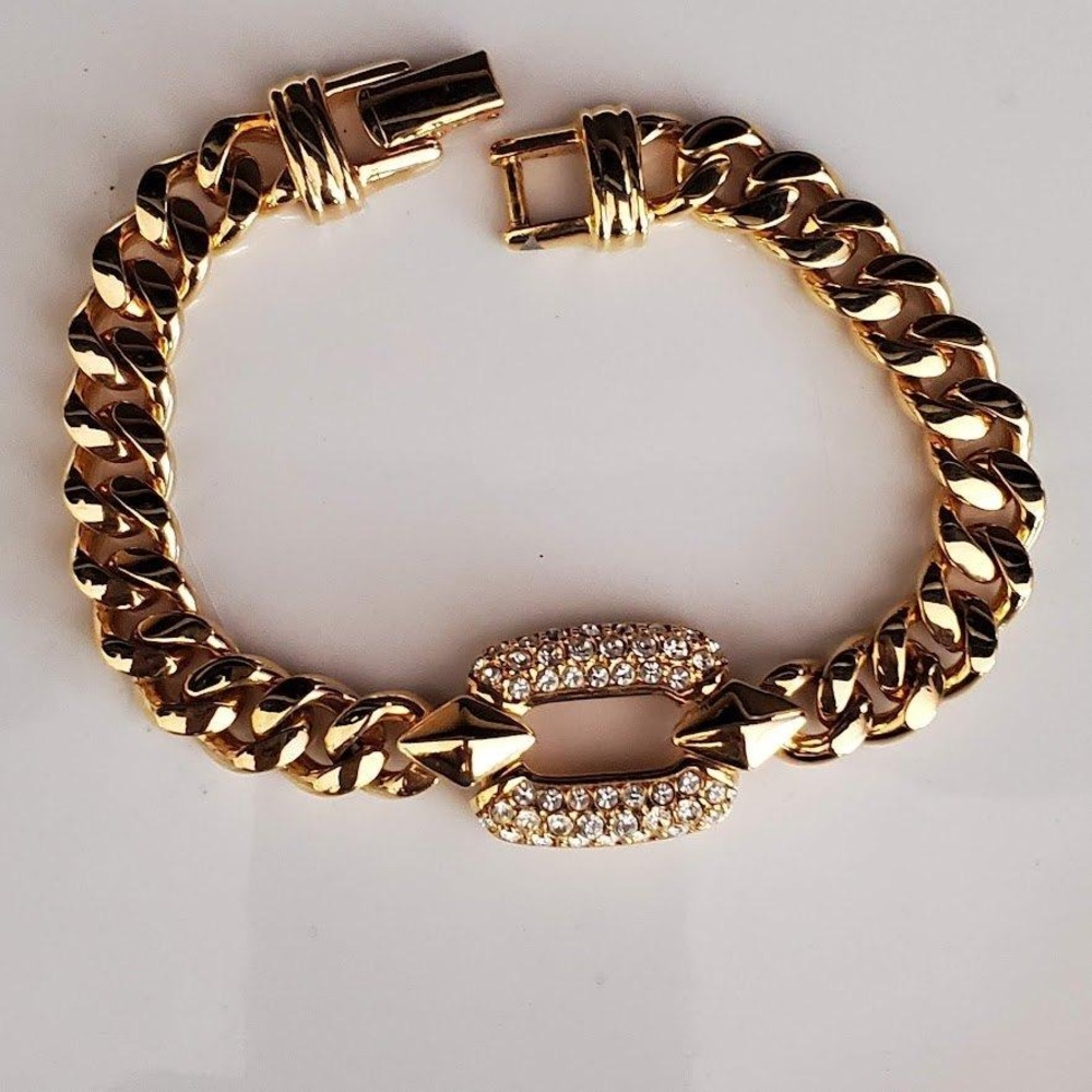 S.A.L. Swarovski Vintage Gold Tone Curb Chain Pave Crystal Bracelet 7.5" 80's